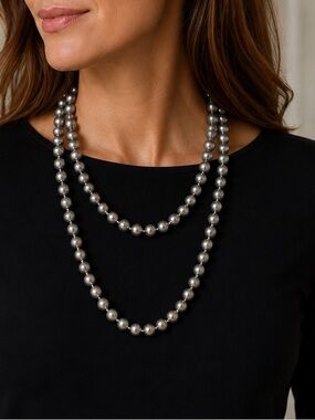 Elegant Silver Pearl Necklace 75” total